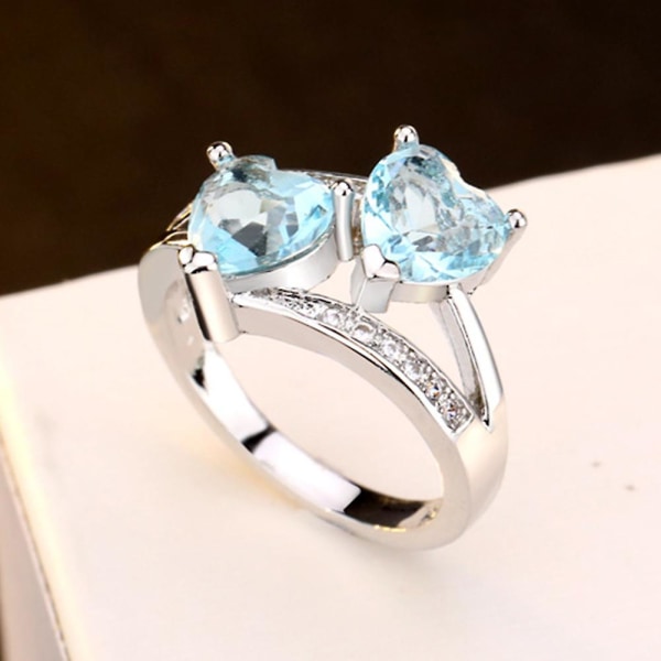 Damemote Dobbel hjerteform Cubic Zirconia Innlagt fingerring smykkegave Sea Blue US 8