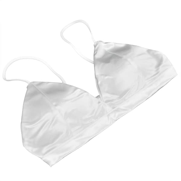 Dambralette i satin, trådlös sovbehå med djup V-ringning, vit