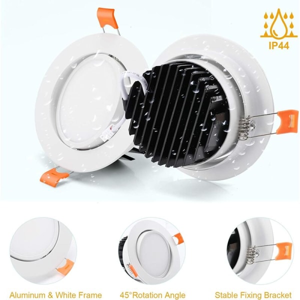 LED forsænket spotlight, 12W LED forsænket spotlight badeværelse, 6000k Cool White LED forsænket spotlight ekstra flad 40° justerbar loftsspot 120°