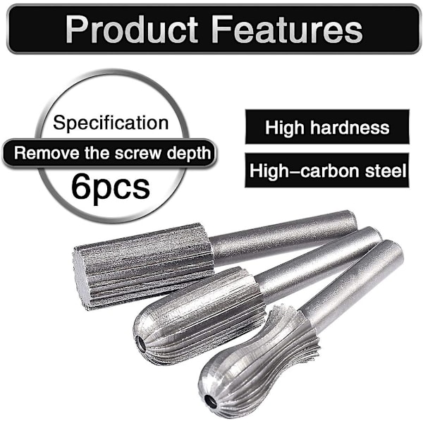 6-pack 6 mm dubbelskurna volfram-roterande grader Tungsten-skaft Fil-/gravyr-/slipbitar för roterande verktyg