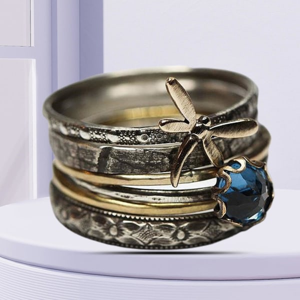 Fingerring Vintage Style Multi-layer Anti-deform Dragonfly Blue Faux Crystal Engagement Ring For Dating US 11