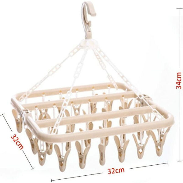 Vindtett 32 klips sammenleggbart plaggstativ i plast (beige),