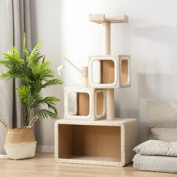 Cat Tree 140 cm Kartokner skrapstolpe med spelrep + hörnskrapstolpe med spelrep, vit/beige