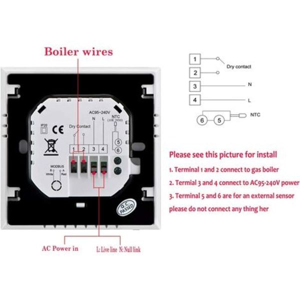 WiFi-termostat til gas-/vandkedel, LCD-skærm (TN-skærm) Smart termostat, programmerbar baggrundsbelyst touch-knap med A