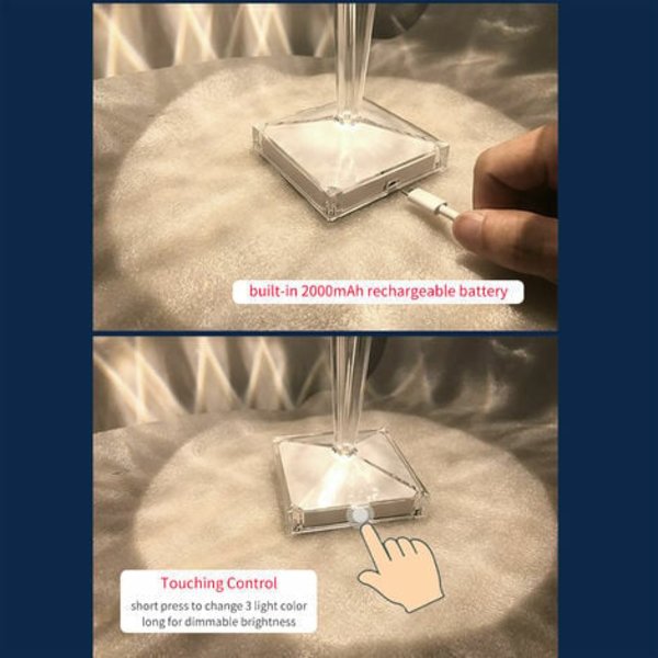 Diamond Crystal -pöytälamppu, USB ladattava Crystal makuuhuoneen yövalaisin, säädettävä lämpötila/kirkkaus, litiumba