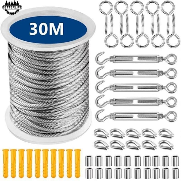 Set One (30m) Wire Rope Hanger Kit Wire Rope Set Spännfäste fjäderkrok