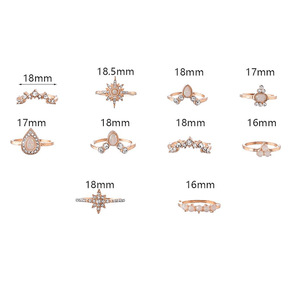 10st/ set Kvinnor Water Drop Crown Rhinestone Stapling Midi Knuckle Finger Rings