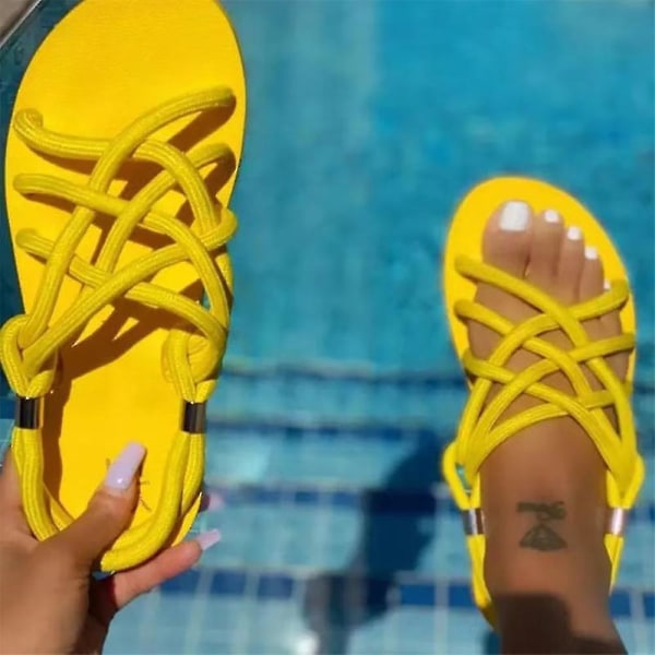 Kvinner Flat Comfy åpen tå sandaler Cross-Strap Sko Yellow 42