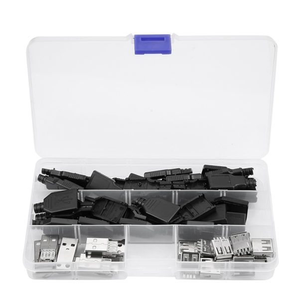 20 stk. Type A USB 2.0 4-benet stikadapter sort plastikskal