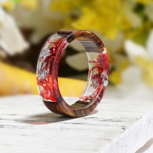 Kreativa kvinnor trä torkad blomma Transparent finger ring smycken födelsedagspresent Brown 2.1cm