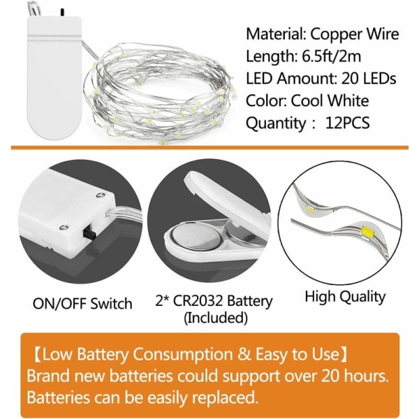 2 meter 20 lys er hvite 12 stykker Xilai-lys 2 meter 20 lys kobbertrådlys,