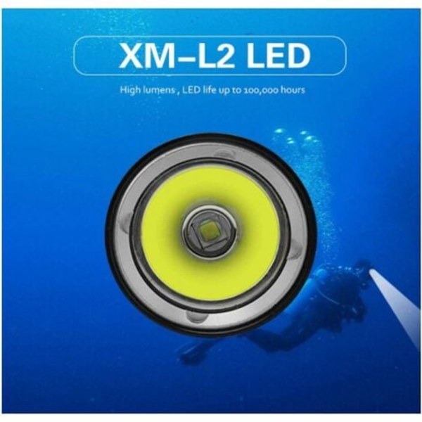 Superlys hodelykt for dykking LED høyeffekt oppladbar lommelykt 2000 lumen 3 moduser og 90° rotasjon (svart) -