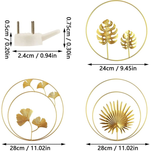 Sett med 3 metalljern veggskulpturer blader - gylne ginkgo blader - palmeblader - rund veggdekor - dekorasjon til hjemmet, kontoret, stue, hotell (