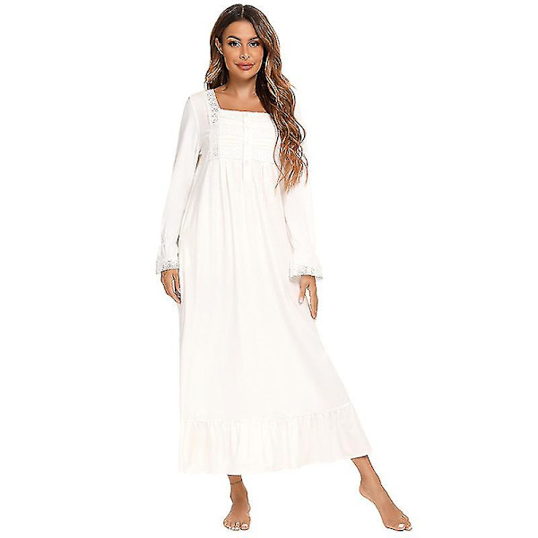 Victorian Nightgown puuvillainen Sleepshirt pitkähihainen XL White