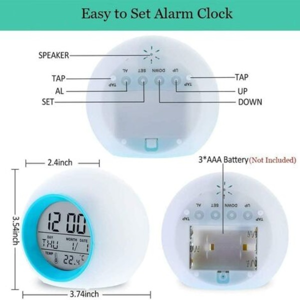 Vekkerklokke for barn, ny versjon av digital vekkerklokke med 7 fargeskiftende nattlys og 6 naturlyder