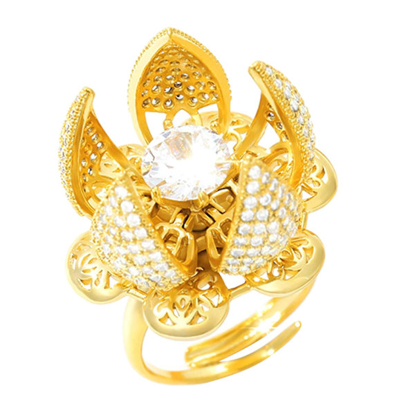 Kvinder hul åben ende ring åbning lukning blomst zirkon roterende smykker gave Golden