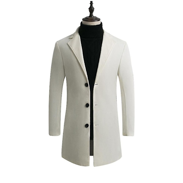 Mænd mellemlang uldfrakke Solid revers Mode Slim Fit Overfrakke XL Off white