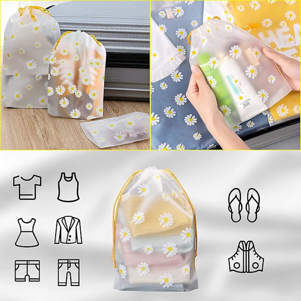 Little Daisy 6-pack förvaringsväskor med dragsko, bekväma multifunktionella genomskinliga frostad plast Vattentäta förvaringspåsar för underkläder, handdukar, strumpor, T