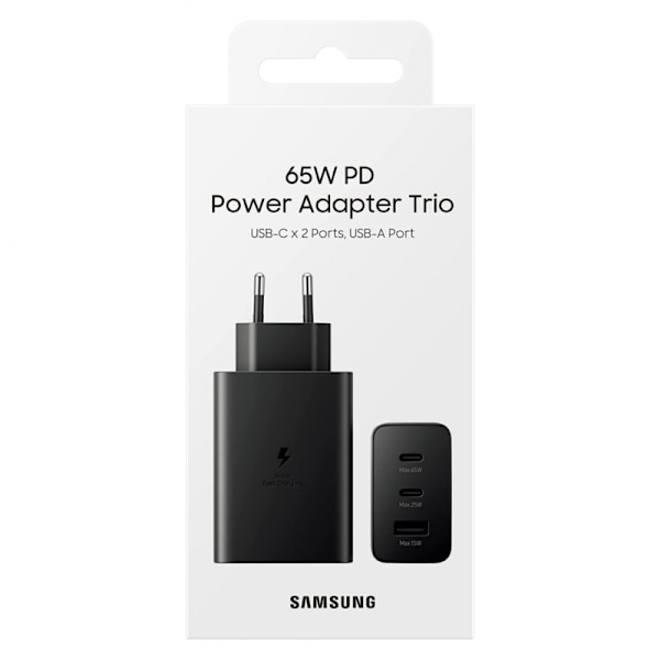 Samsung 65W PD Strömadapter Trio (USB-C x 2, USB-A) Väggladdare – Svart