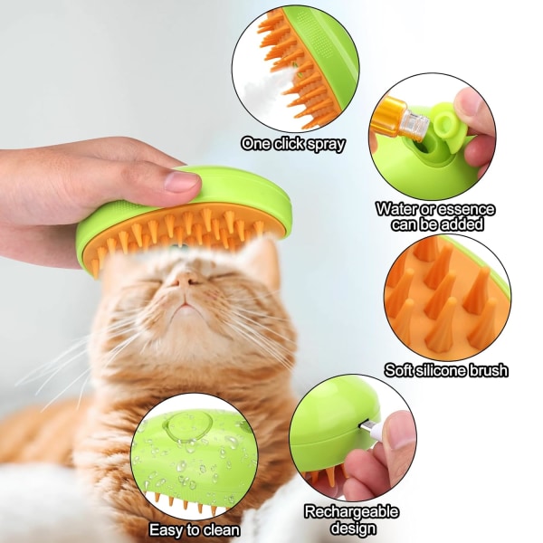 Kattångborste, tre-i-ett ångborste för katthårborttagning, ångborste för kattmassage, hårborttagningskam för katter och hundar Grön Grön