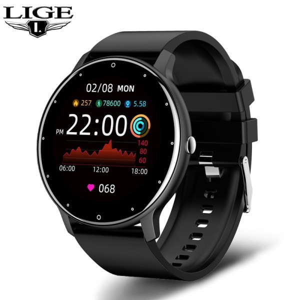 LIGE Smart Watch Herr Full Touch Screen Sport Fitness Watch IP67 Vattentät BT För Android Ios Smartwatch Herr+box Svart pink