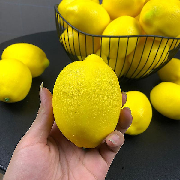 12 st konstgjorda citroner, simulerade frukter, realistiska falska citroner och limefrukter för hemmet, köksbord, vasfyllning (12 gula citroner)