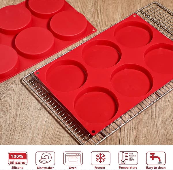 Sæt med 2 silikone hamburgerbolleforme, 10 cm, 6 rum, hamburgerbolleplade, 33 x 22,2 x 2 cm, rød