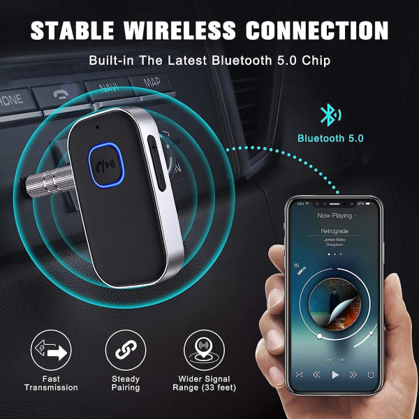 Bil Bluetooth-tilleggsadapter, støyreduserende 3,5 mm ekstra Bluetooth 5.0-musikkmottaker for hjemmestereo, kablet hodesett, håndfri samtale