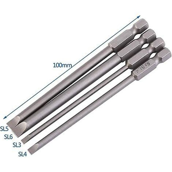 4 stk. S2 legeringsstål 100mm 1/4 tommer sekskant skaft form 3mm-6mm magnetisk fladhoved slids skruetrækker bits kits