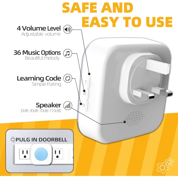 Trådlös Dörrklocka 1200 Fot Plug-in Vattentät Batteridriven Sladdlös Dörrklocka med 36 Melodier 4 Volym Blinkande Ljus för Hem Kontor (1 St