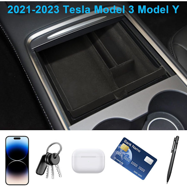 Midterkonsoll Organizer Bakke, Flocked Armlæn Gemt Cubby Skuffe Opbevaringsboks, til Seneste 2023-2021 Tesla Model 3/Y Center Console Organizer Center Console Organizer