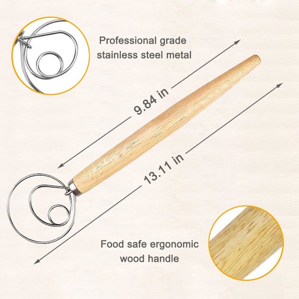 3 stycken 13” danska degvispar, brödblandare, rostfritt stål krok holländsk visp med en degspatel (spatelns färg slumpmässig)