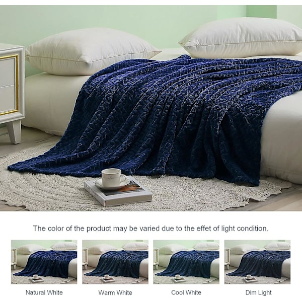 Flannel Fleece Pledd, 127x178 Cm Sofa Pledd, Blød Jacquard Vævet Bladmønster Pledd Til Sofa, Blå Marine Pledd