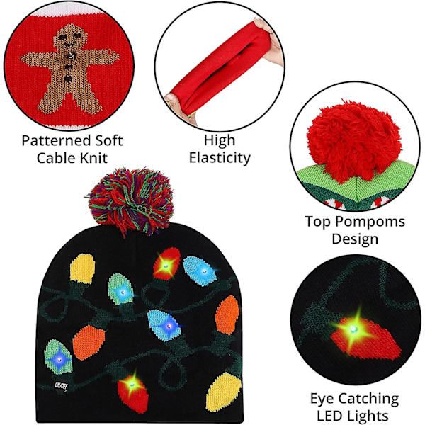 Lysende Julemandshuer (2-pak) - Strækbar Knit Led Julemandshuer