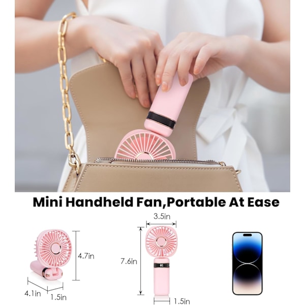 Handhållen Fläkt, 20+ Timmar Bärbar USB-Fläkt med 5 Hastigheter & Strömdisplay, Batteridriven Bordfläkt, Liten Personlig Fläkt med B Pink