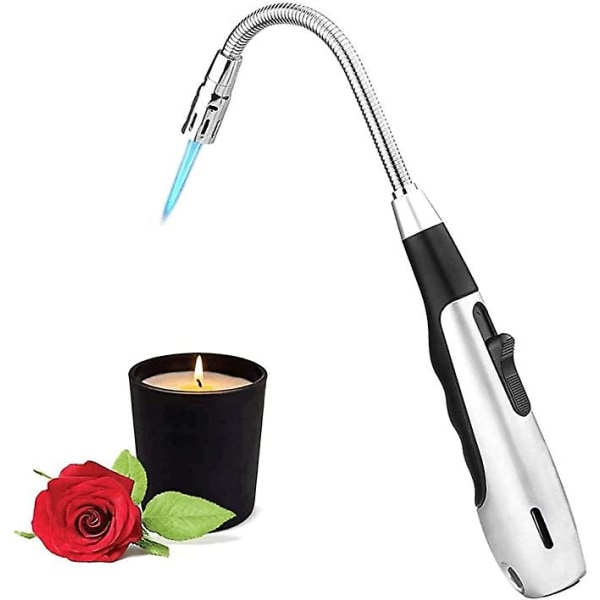 Fakkel stearinlys, 360 fleksibel nakkejustering Butan Flamme Gas Lighter Vindtett kjøkkenlighter (sølv)