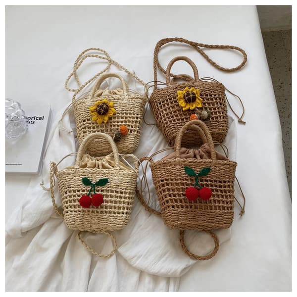 Små stråväskor för kvinnor Sommar Crossbody-väskor Dam Reseplånböcker och handväskor Kvinnlig Axelväska Vit White sunflower