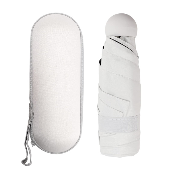 Reseuppfällbart paraply, 6 ribbor, Miniparaply, Litet UV-paraply med kapselfodral, Snabbtorkande och Ultrakompakt Fällbart Paraply 90 x 55cm, vitt
