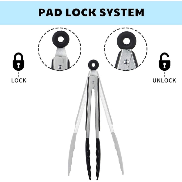 Köks Tångar Halksäkra Smart Låsning Rostfritt Stål Matlagnings Tångar Med Silikon Spetsar För Grillning Bbq Servering Sallad (1st, Svart)