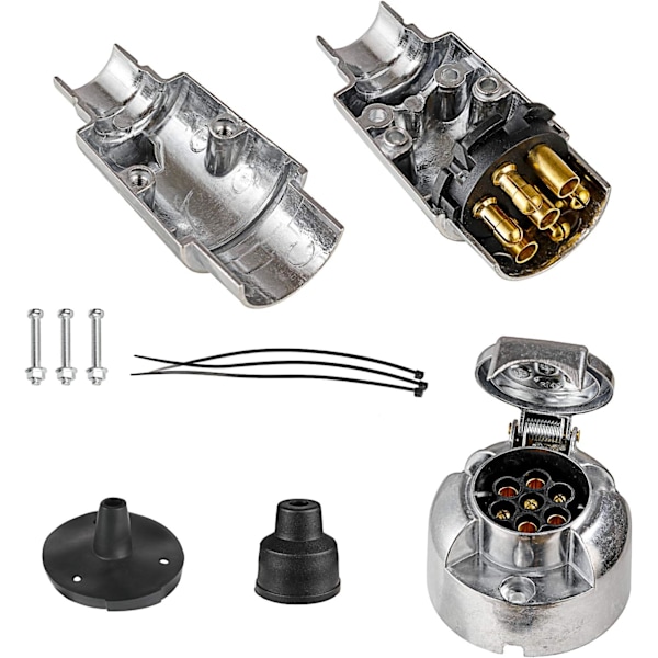 7-polig Trailer Metallkontakt med Gummipackning, 12V Vattentät 7-polig Trailer Metallkontakt, för Lastbil Husbil Bil Båt Husvagn Släpvagn 7 Pin Plug Socket (Aluminium Alloy)