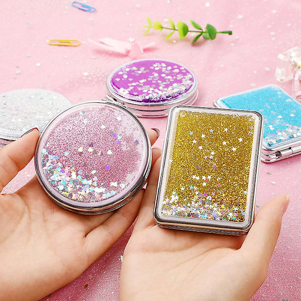 Kaksisivuinen Kompakti Meikkipussi Peilillä, Glitter-Suorakulmainen Ja Pyöreä Magneettinen Taittuva Peili (2 kpl, Vaaleanpunainen)