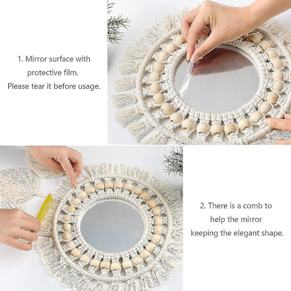 Väggspegel, Boho Macrame Fransad Spegel Med Träpärla Fjäderhänge (beige)