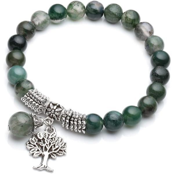 Livets Träd Stretch Armband Reiki Healing Kristall Ädelsten Pärlor Armband, Födelsedag Sten Lycka Sten Smycken (6.2\") Moss Agate