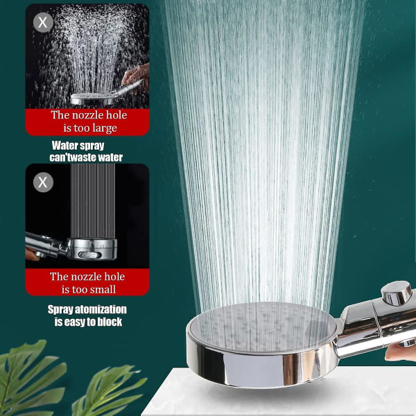 5-läges vattenbesparande duschmunstycke, justerbart duschmunstycke, enknappsavstängning, högtrycksbadrum Universal (silver)