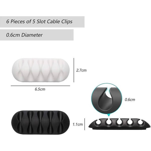 6 stk. 5-kanals kabelholder, sort kabelarrangør, selvklæbende clips til