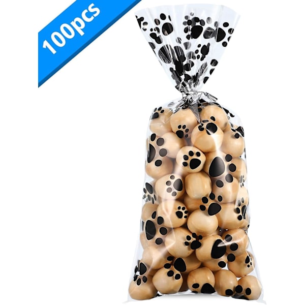 100 Paw Print Poser, Varmeforseglede Slikposer, Hundegave, Kattegodbidsposer Med 100 Sølv Twist Ties Til Kæledyrsgodbidsfestgaver (sort)