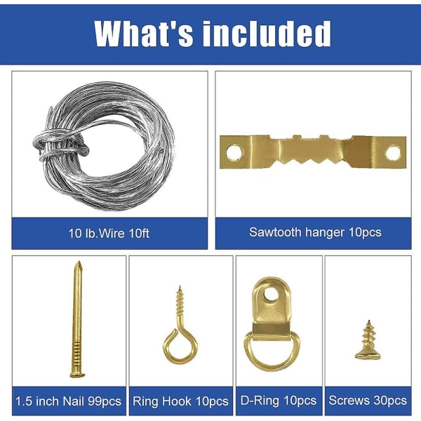 220 stk. Bildekroker, Bildeopphengskroksett med Hengertråd, Sagtannet, D-ringer, Skruer og Spiker, Bildekrok for Fiksering