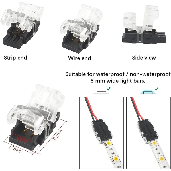 2-pinners LED-stripekontakt 8mm, 10stk 2-pinners LED-stripekontakt for Smd 5050/3528 LED-stripe Enkeltfarget Vanntett, Hurtigkontakter for LED-striper An
