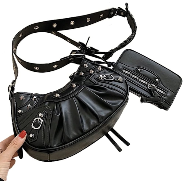 Damväska i PU-läder med nitar, axelremsväska, messenger-väska, goth-stil, justerbar rem Black