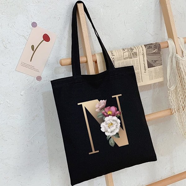 26 bokstäver tryckt canvas återanvändbara matkassar, hopfällbar casual resehandväska, axel strand tote väskor, shopper väska miljövänlig superstark tvättbar Gold N